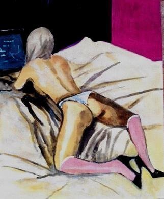Harry Weisburd, 'Nude In Bed Watching Laptop  4', 2016, original Watercolor, 11 x 14  cm. Artwork description: 9831    Nude in bed watching laptop  ...