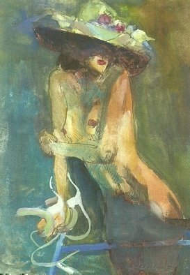 Harry Weisburd, 'Nude With Bicyle', 1980, original Watercolor, 9 x 12  cm. Artwork description: 18939  Realism, Figurative, Female, woman,  realistic, erotic, sensual, bicyle, nude ...