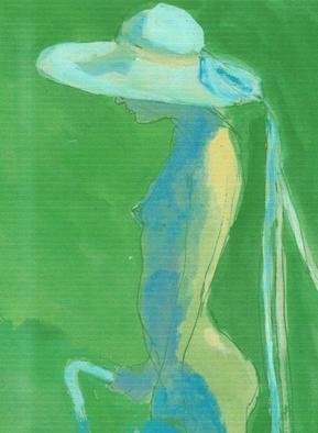 Harry Weisburd, 'Nude With Blue Ribbons Hat', 2007, original Watercolor, 9 x 12  cm. Artwork description: 16959    nude,  woman, female, erotic, realistic, figurative ,                                                                          ...