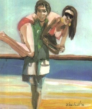 Harry Weisburd, 'RED BIKINI BABE', 2006, original Watercolor, 12 x 16  x 1 cm. Artwork description: 23295  Couple on beach with woman in a Red Bikini. Happy times. California Dreamin'ORIGINAL Painting is watercolor on canvas. Also available as limited edition , signed by the artist and number.  $700 Original Watercolor on canvas painting....
