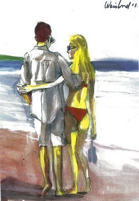 Harry Weisburd, 'Red Bikini Couple On The Beach', 2011, original Watercolor, 11 x 14  cm. Artwork description: 16563  Bikini, tan, beach sea, water, ocean, woman , man, male , female, figurative, realistic                                                                                         ...