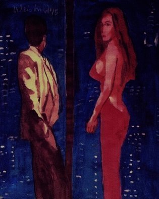Harry Weisburd, 'Room With A View 2', 2015, original Watercolor, 11 x 14  cm. Artwork description: 11811      Love and romance. Couple by a large picture window view of lights, city at night  Woman in sensual , erotic backless red dress.         ...