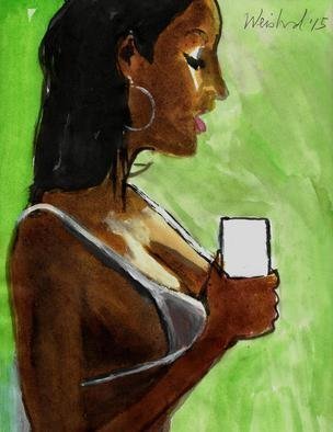 Harry Weisburd, 'Selfie With Tan', 2016, original Watercolor, 9 x 12  cm. Artwork description: 8643    Woman with tan making a Selfie on cell phone , ISmartphone                ...