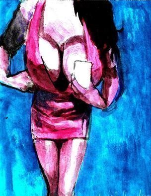 Harry Weisburd, 'Selfie IIn Pink Dress', 2016, original Watercolor, 9 x 12  cm. Artwork description: 8247      Busty woman in pink dress making a Selfie  Watercolor on paper, Unframed               ...