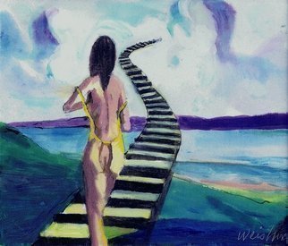 Harry Weisburd, 'Stairway To Heaven 111', 2010, original Watercolor, 11 x 14  cm. Artwork description: 14979       woman walking on stairway to heaven in landscape.    Dedicated to Led Zeppelin, Robert Plant , Jimmy Page, top Rock n Rock song  ...