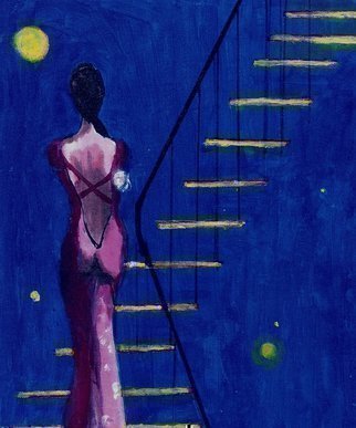 Harry Weisburd, 'Stairway To Heaven 4', 2014, original Watercolor, 11 x 14  cm. Artwork description: 15375        Woman in long dress climbing stairway to heaven,  Watercolor on canvasboard, 11 inches wide x 14 inches high, Unfamed                                                         ...