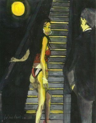 Harry Weisburd, 'Stairway To Heaven Moonli...', 2010, original Watercolor, 11 x 14  cm. Artwork description: 12207        Woman clmbing stairway to heaven with full moon an and man  - love and romance   imming hole,  ...