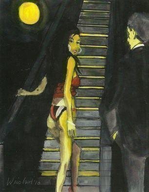Harry Weisburd, 'Stairway To Heaven 4', 2010, original Watercolor, 11 x 14  cm. Artwork description: 16959        Watercolor on canvas board. Man watching woman climb stairway to heaven                                                                                 ...