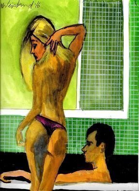 Harry Weisburd, 'The Bath 2', 2016, original Watercolor, 11 x 14  cm. Artwork description: 8643  Couple, man and  woman taking a bath, semi- nude            C     ...
