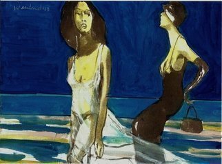 Harry Weisburd, 'Two Women On The Beach', 2014, original Watercolor, 14 x 11  cm. Artwork description: 15375      Two women  walking on the beach, sea, ocean, sea , dress  in glamous cloths                                                        ...