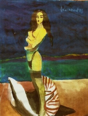 Harry Weisburd, 'Venus On A Shell Homage T...', 2015, original Watercolor, 11 x 14  cm. Artwork description: 13395  Venus on a Shell  Homage to Botticelliat the seashore landscape seascape  ...