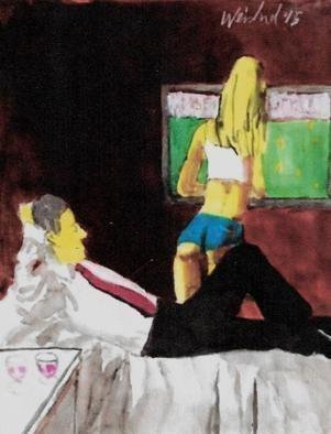 Harry Weisburd, 'Watching Football Wide Sc...', 2016, original Watercolor, 11 x 14  cm. Artwork description: 8643       Man and woman watching football game on wide screen TV                  ...