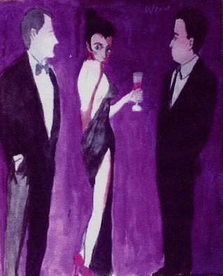 Harry Weisburd, 'Woman In Backless Gown Ho...', 2015, original Watercolor, 14 x 17  cm. Artwork description: 13791                   Woman in  backless gown hold a drink with 2 men seeking love and romance    ...