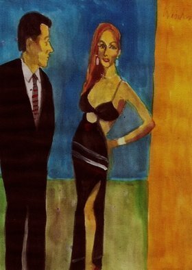 Harry Weisburd, Barb b que for three, 2015, Original Watercolor, size_width{Woman_In_Black_Dress_With_Man_-1430773106.jpg} X 17 inches