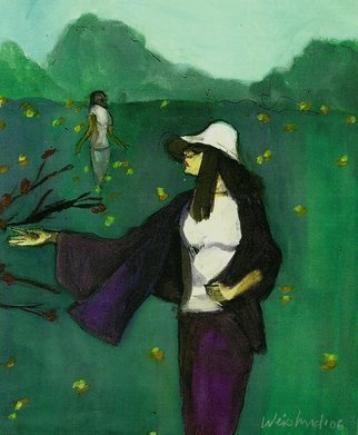 Harry Weisburd, 'Woman In Yellow Poppy Field', 2015, original Watercolor, 12 x 16  cm. Artwork description: 13395   Woman in yellow poppy field, landscape and Nature    ...