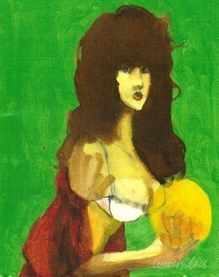 Harry Weisburd, 'Woman With Lotus Flower 1', 2006, original Watercolor, 11 x 16  cm. Artwork description: 23691  Spiritual painting. Woman holding a LOTUS FLOWER.ORIGINAL- Watercolor on canvas12