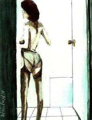 Harry Weisburd, 'YELLOW BATHROOM DOORKNOB', 2011, original Watercolor, 11 x 14  cm. Artwork description: 18939  Realism, Figurative, Female, woman,  realistic, erotic, sensual,  black lingerie, semi- nude        ...
