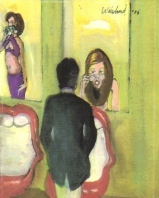 Harry Weisburd, 'A BIG ONE And Red Lips', 2007, original Watercolor, 11 x 16  cm. Artwork description: 23691  Man in mens room , women reflected in mirrors checking out the guy! ! with binoculars - WOW ! humorous work- -ORIGINAL WATERCOLOR ON STRETCHED CANVAS, 12 inches wide x 16 inches high. Price : $950LIMITED EDITION OF 50, COLOR XEROX PRINTS, 11 inches wide x 16 inches high, signed and ...