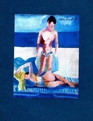 Harry Weisburd, 'Bikini Babe Couple Onbeach', 2018, original Watercolor, 11 x 14  cm. Artwork description: 3495 Bikini Babe  on beach chair with standing man Love and Romance...