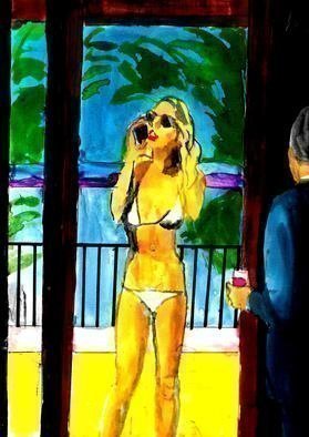 Harry Weisburd, 'Bikini Babe On Balcony', 2017, original Watercolor, 11 x 14  cm. Artwork description: 3891 Blonde Bikini Babe on Balcony...