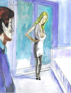 Harry Weisburd; Blonde Lover, 2019, Original Watercolor, 11 x 14 inches. Artwork description: 241 Lovers meet , sensual woman in white dress...
