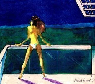 Harry Weisburd, 'California Dreamin 2', 2011, original Watercolor, 14 x 11  cm. Artwork description: 6267 Woman in a bikini standing on the back deck of a house looking out California Landscape ...