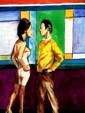 Harry Weisburd, 'Have We Met Before', 2018, original Watercolor, 11 x 14  cm. Artwork description: 3099 Happy Hour in a bar, man and woman seeking love and romance  Sensual woman in tight dress ...