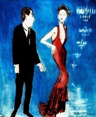 Harry Weisburd, 'Long Red Gown Chandeliers', 2016, original Watercolor, 18 x 24  cm. Artwork description: 7455 Woman in long read gown with man and chandeliers ...
