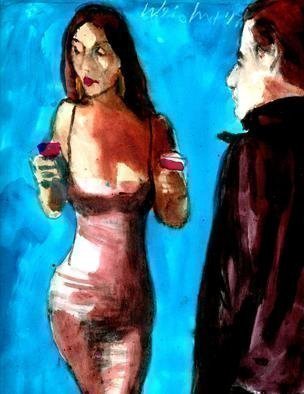 Harry Weisburd, 'Looking For Mr Right', 2017, original Watercolor, 11 x 14  cm. Artwork description: 5871 Woman looking for Mr  Right , HappyHour with  man...