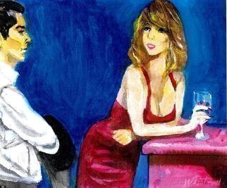 Harry Weisburd, 'Looking For Mr Right 22', 2014, original Watercolor, 14 x 11  cm. Artwork description: 6267 Woman and man looking for love and romance, happy hour ...