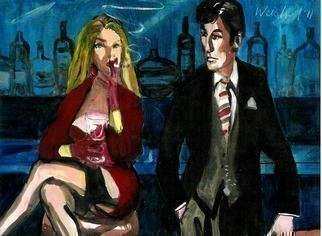 Harry Weisburd, 'Looking For Mr Right 27', 2011, original Watercolor, 14 x 11  cm. Artwork description: 5871 Man and sensual, sexy woman looking for love and romance at Happy Hour...