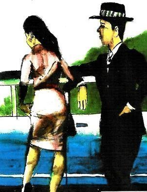 Harry Weisburd, 'Rear View Deja Vu 1950s', 2015, original Watercolor, 11 x 14  cm. Artwork description: 4683 Sensual woman in tight skirt , 1950s car , man looking at sexy woman . ...