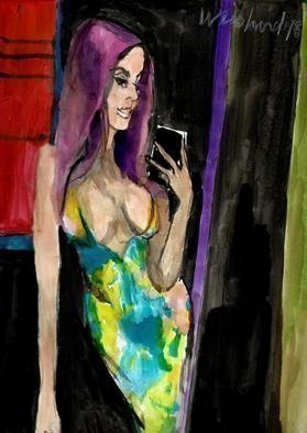 Harry Weisburd, 'Selfie In Print Dress', 2018, original Watercolor, 11 x 14  cm. Artwork description: 3495 Woman in print dress making a selfie...