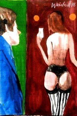 Harry Weisburd, 'Selfie In Striped Stockings', 2018, original Watercolor, 11 x 14  cm. Artwork description: 3099 Sensual woman in striped black and white stockings making a selfie with man watching ...