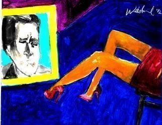 Harry Weisburd; Skype Tv, 2020, Original Watercolor, 12 x 8 inches. Artwork description: 241 Woman wearing short Red dress watching  Skype TV with  Man looking from TV   Voyeur...