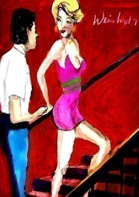 Harry Weisburd, 'Stairway To Heaven 4', 2019, original Watercolor, 9 x 12  cm. Artwork description: 1911 Sensual erotic sexy woman leading man up the stairway to heaven ...