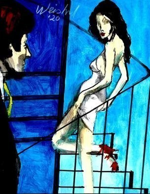 Harry Weisburd; Stairway To Upstairs, 2020, Original Watercolor, 11 x 14 inches. Artwork description: 241 Woman lifting her dress to seducing man to come upstairs...