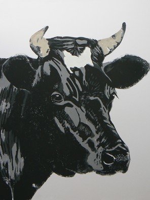 Pim Van Der Wel; Wilma 3, 2011, Original Printmaking Linoleum, 50.5 x 60 cm. Artwork description: 241  A portrait of a beautiful black and white cow.    ...