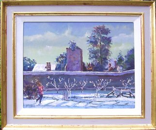 David Welsh; Apple Trees In The Snow, 2011, Original Painting Oil, 15.5 x 15.5 inches. Artwork description: 241  paintings of England, snow paintings, landscapes of England, paintings of snow, paintings of snow, apple trees, Greys Court, National Trust, Brunner ...