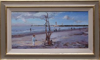 David Welsh; Driftwood Sculpture, 2009, Original Painting Oil, 20 x 10 inches. Artwork description: 241  driftwood, sculpture, driftwood sculpture, beach paintings, sea paintings, Children, playing, paintings of Whitby, Whitby, Scarborough, Scarborough beach, paintings of Yorkshire, Yorkshire, coast, parents, atmospheric, mauve, England, beach, clouds,    English artist, UK, uk, UK paintings ...