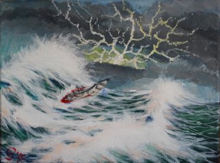 Wendy Goerl; Caught Abeam, 2015, Original Painting Acrylic, 9 x 12 inches. Artwork description: 241 A sailboat running home picks the wrong time to tack as a big wave comes along. Gallery- wrap for frame- free display.   ...