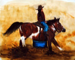 Wendy Goerl; Ponys Turn, 2014, Original Watercolor, 10 x 8 inches. Artwork description: 241  Gal and her pony taking a turn around the barrel at a fun show. Matted and ready for 8x10