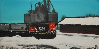 Wendy Goerl; Winter Warmup, 2011, Original Painting Acrylic, 14 x 7 inches. Artwork description: 241   Canadian National engine 5344 idles while its crew has a break in the depot. On back- stapled stretched canvas for display with or without frame. ...