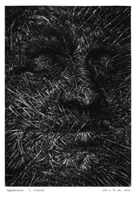 Wieslaw Haladaj; APPEARANCE1, 2003, Original Printmaking Linoleum, 70 x 100 cm. Artwork description: 241  BLACK AND WHITE ...