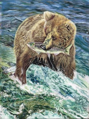 Karen Turner; CATCH OF THE DAY, 2015, Original Pastel, 20 x 24 inches. Artwork description: 241   BEAR water river fish wildlife mammal              ...