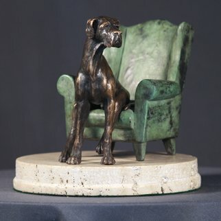 Willem Botha; Rex On His Chair, 2020, Original Sculpture Bronze, 25 x 15 cm. Artwork description: 241 Sculpture Bronze on Stone.  Great Dane - Rex and his chair.  These sculptures have an Limited Edition of 15.  Bronze.  Size 25WX15HX25Dcm.  Ships in a box...