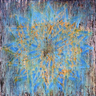 William Dick, 'SPLYTER', 2010, original Painting Encaustic, 240 x 240  x 10 cm. Artwork description: 2448         Description:  The painting portrays a powerful sense of illumination and generates a spiritual atmosphere through its repainting. The geometric patterns are inspired by both ancient tribal symbols and a fascination with the geological formations of the landscape. Each painting therefore evolves out of itself, layer on layer, ...