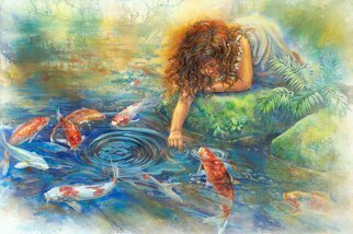 Deborah Wilson; The Koi Whisperer, 2008, Original Printmaking Giclee, 36 x 24 inches. Artwork description: 241  This is available as a limited edition gicle'e print on canvas.  It is hand- signed, numbered and embellished by the artist, and comes with a Certificate of Authenticity. ...