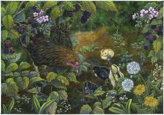 Deborah Wilson; The Lesson, 2015, Original Watercolor, 20 x 15 inches. Artwork description: 241 Mother hen with her baby chicks   chickens   farm   ...