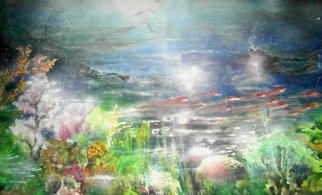 Xavier Mc Phie; There Might Be Sharxxx, 2012, Original Painting Acrylic, 43 x 26 inches. Artwork description: 241   Colorful underwater scene with divers, corals, fish  - and sharks ( ? ) Original Art from the Caribbean.         ...